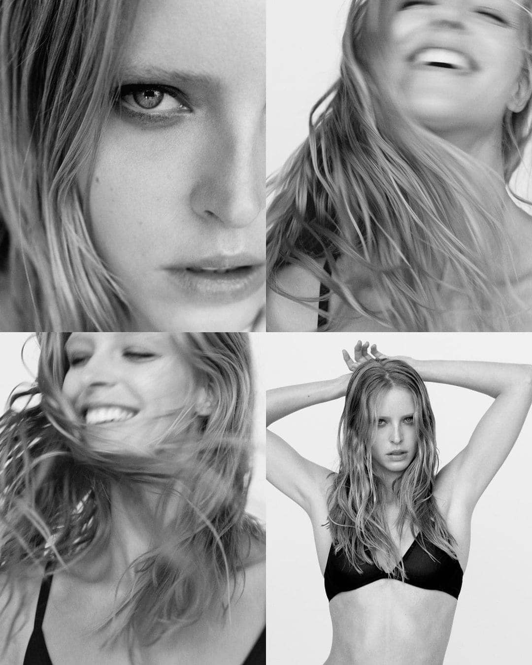 Black and white multi-panel portrait of a model with flowing hair and dark lingerie for Calvin Klein CK One Essence campaign.