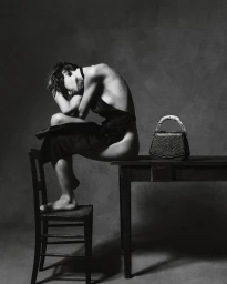 Model seated on a wooden table with one foot on a chair, next to a structured handbag, shot in monochrome.