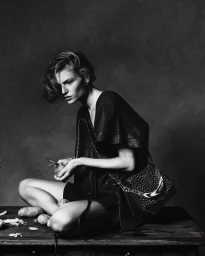 Model seated on a dark wooden table holding a vegetable with a dark shoulder bag against a moody textured backdrop.