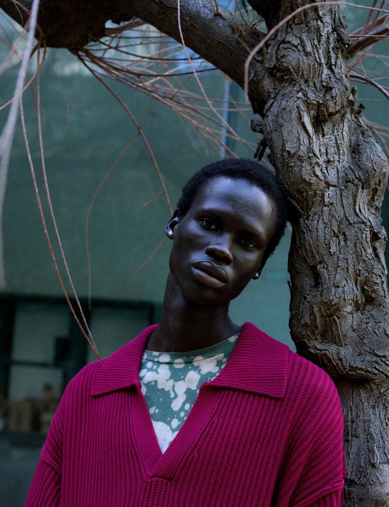 Portrait of adult Black man with dark hair, wearing a collared sweater, leaning against a tree trunk outside in natural light.