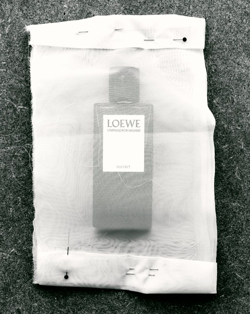 Still-life product shot of a Loewe perfume bottle encased in translucent fabric, pinned to gray textured surface, capturing minimalist aesthetic.