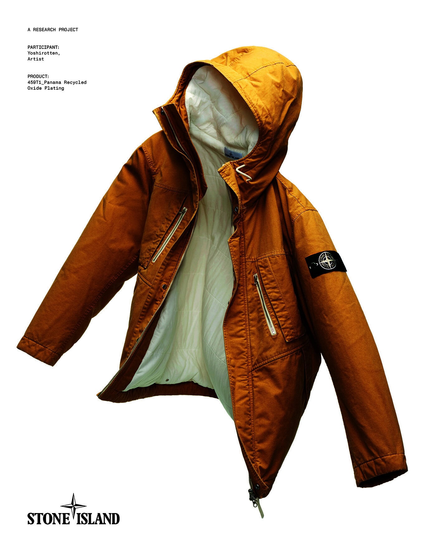 Studio shot of a Stone Island hooded jacket in brown, laid flat against a white background, showcasing its design and features.