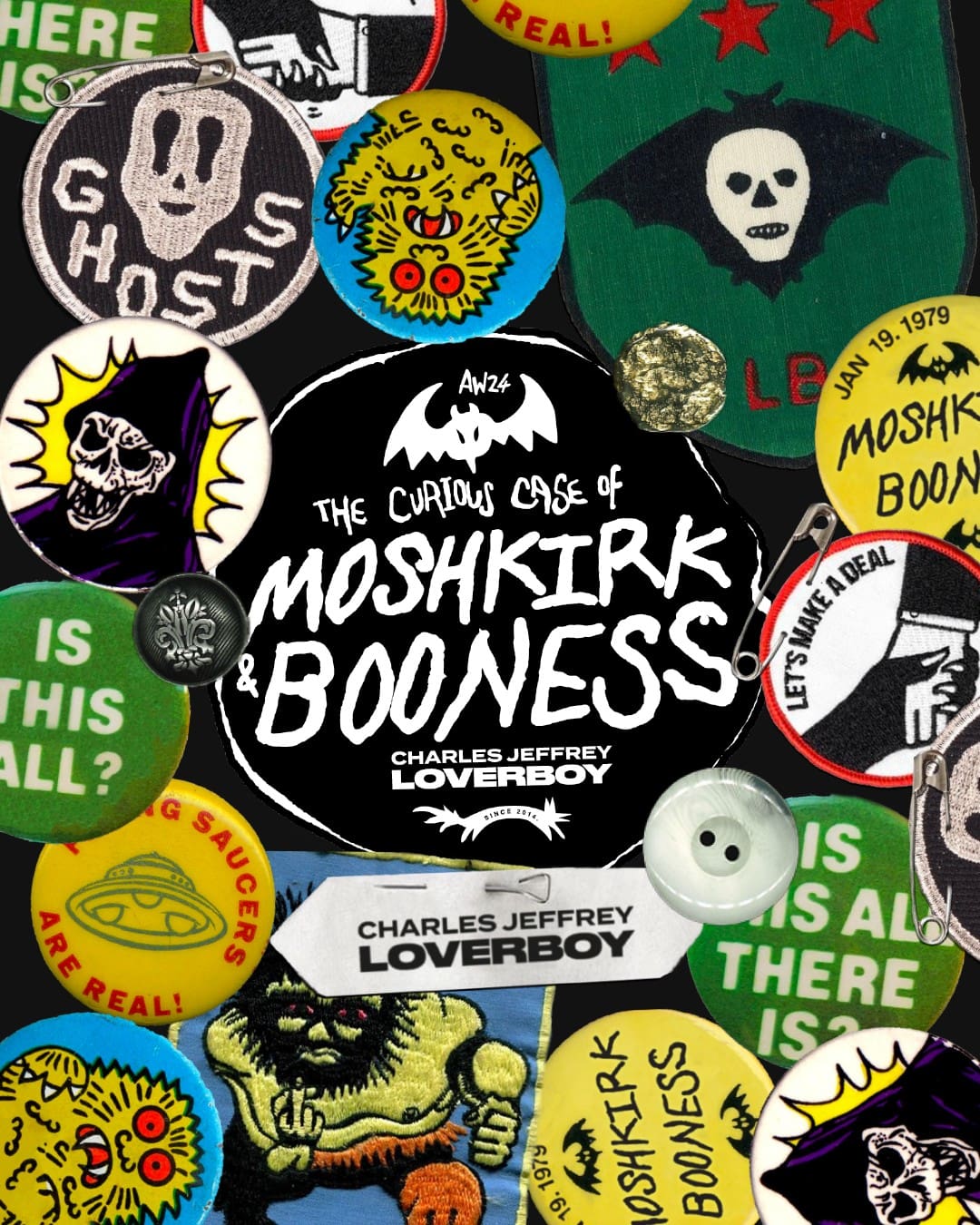 Collection of colorful pins and patches with graphics: skulls, monsters, text 'The Curious Case of Moshkirk & Booness,' and fashion brand logos.