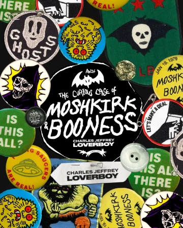 Collection of colorful pins and patches with graphics: skulls, monsters, text 'The Curious Case of Moshkirk & Booness,' and fashion brand logos.