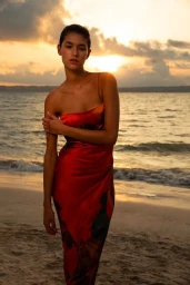 Model in red silk dress standing on sandy beach at sunset for SIR. Pre-Fall 2024 campaign