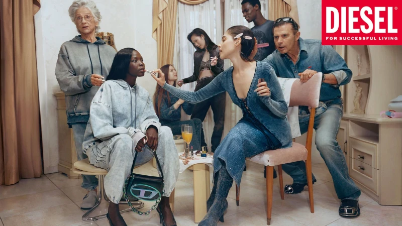 Denim-clad group portrait: Two women seated, applying makeup, surrounded by an older woman and other adults in a room setting.