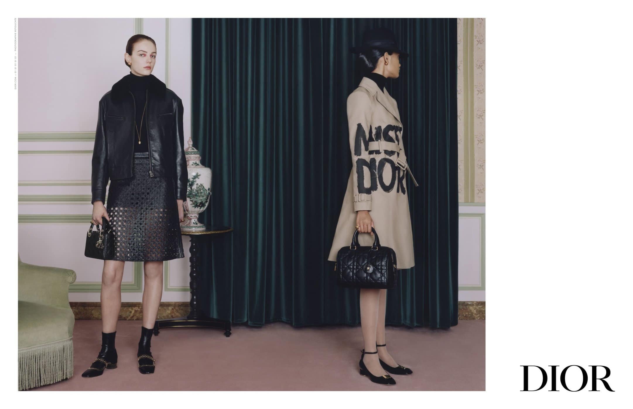 Two fashion models pose indoors wearing Dior jackets and skirts, holding Dior bags, with a green curtain background.