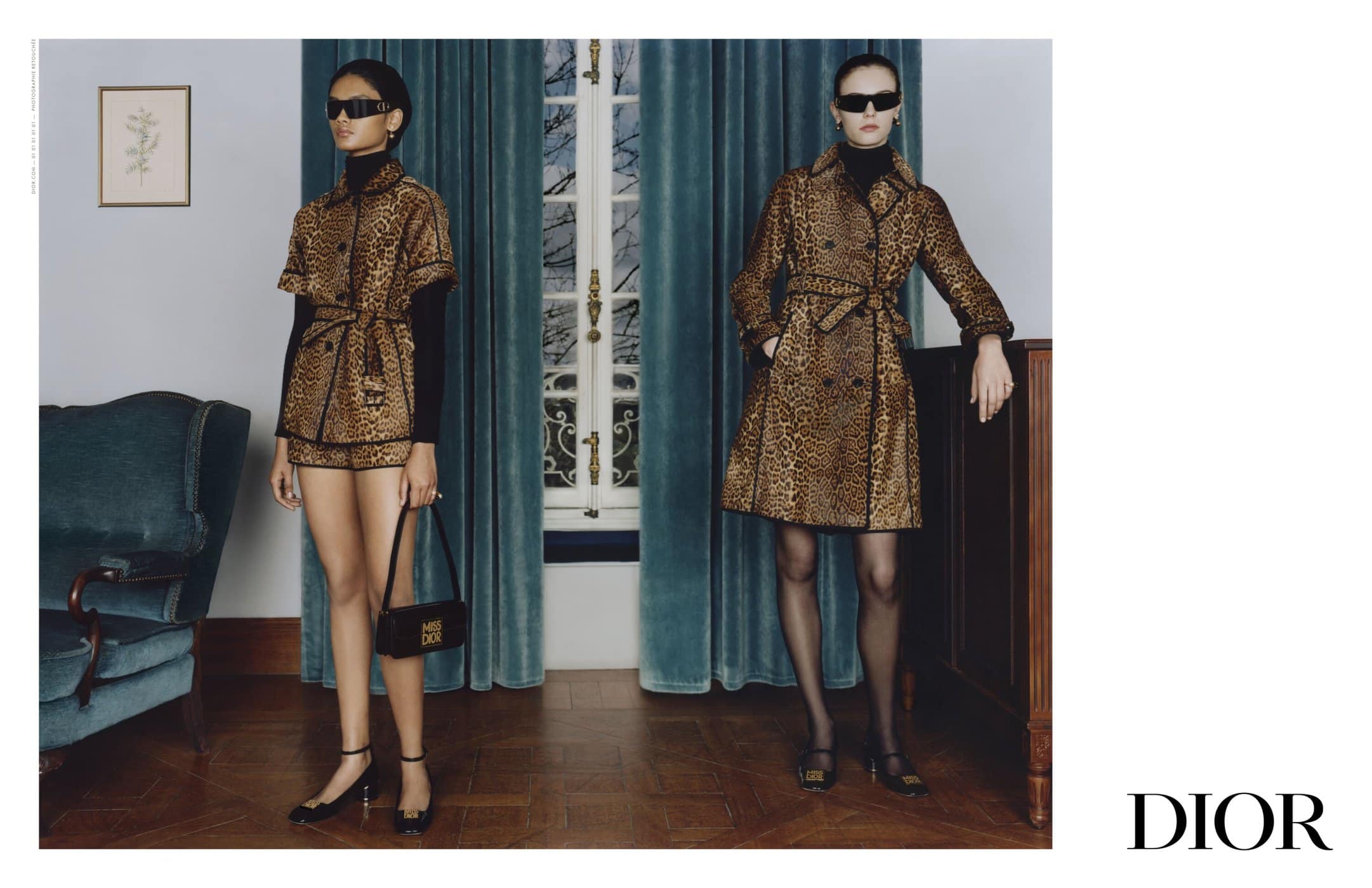 Two women showcase elegant leopard-print outfits with a modern touch, paired with stylish accessories, set against a softly lit interior.