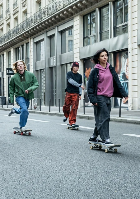 Three people skateboard down a city street lined with buildings. The focus is on the person in the front wearing a pink hoodie.