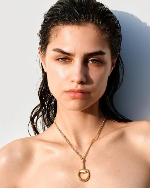 Close-up of a young woman with wet dark hair wearing a gold pendant necklace against a plain white background in studio lighting.