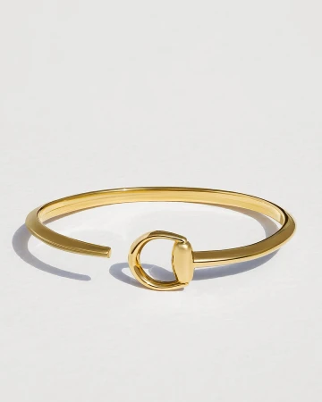 Gold-toned metal bracelet with a horseshoe-shaped closure on a white surface in a studio setting with soft lighting.