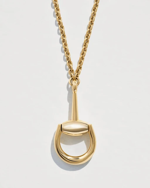 Gold necklace with horsebit pendant on a white background. Chain and pendant jewelry fashion, equestrian style.