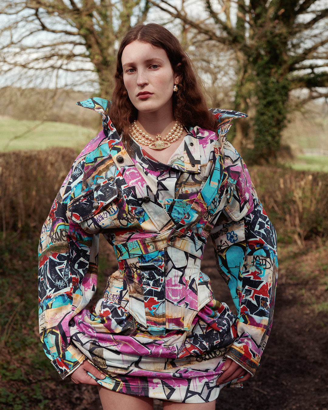 A woman poses outdoors wearing a colorful graffiti-patterned jacket and skirt, accessorized with a pearl necklace and earrings.