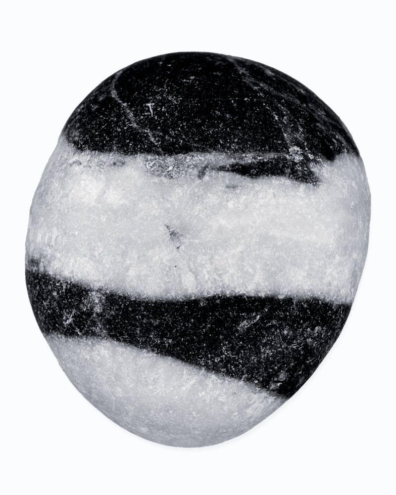 Striking black and white stone displaying distinct layers. Its smooth surface and clear contrasts make it a minimalist visual element.
