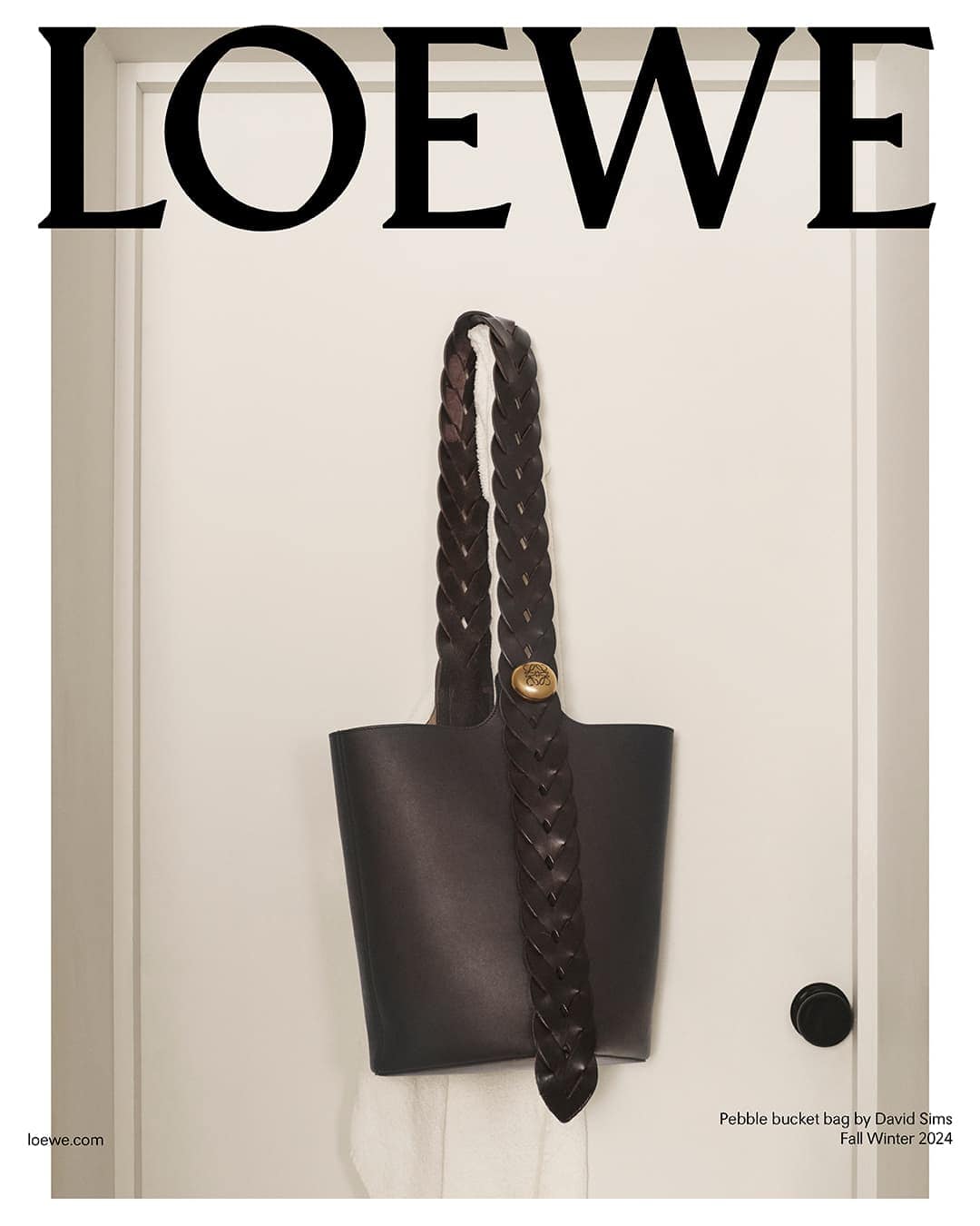 Loewe pebble bucket bag in dark brown leather, displayed on a white door, with the brand name prominently featured at the top.