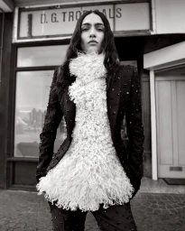 Monochrome portrait of a model in a black embellished jacket with a voluminous textured white collar in front of a storefront