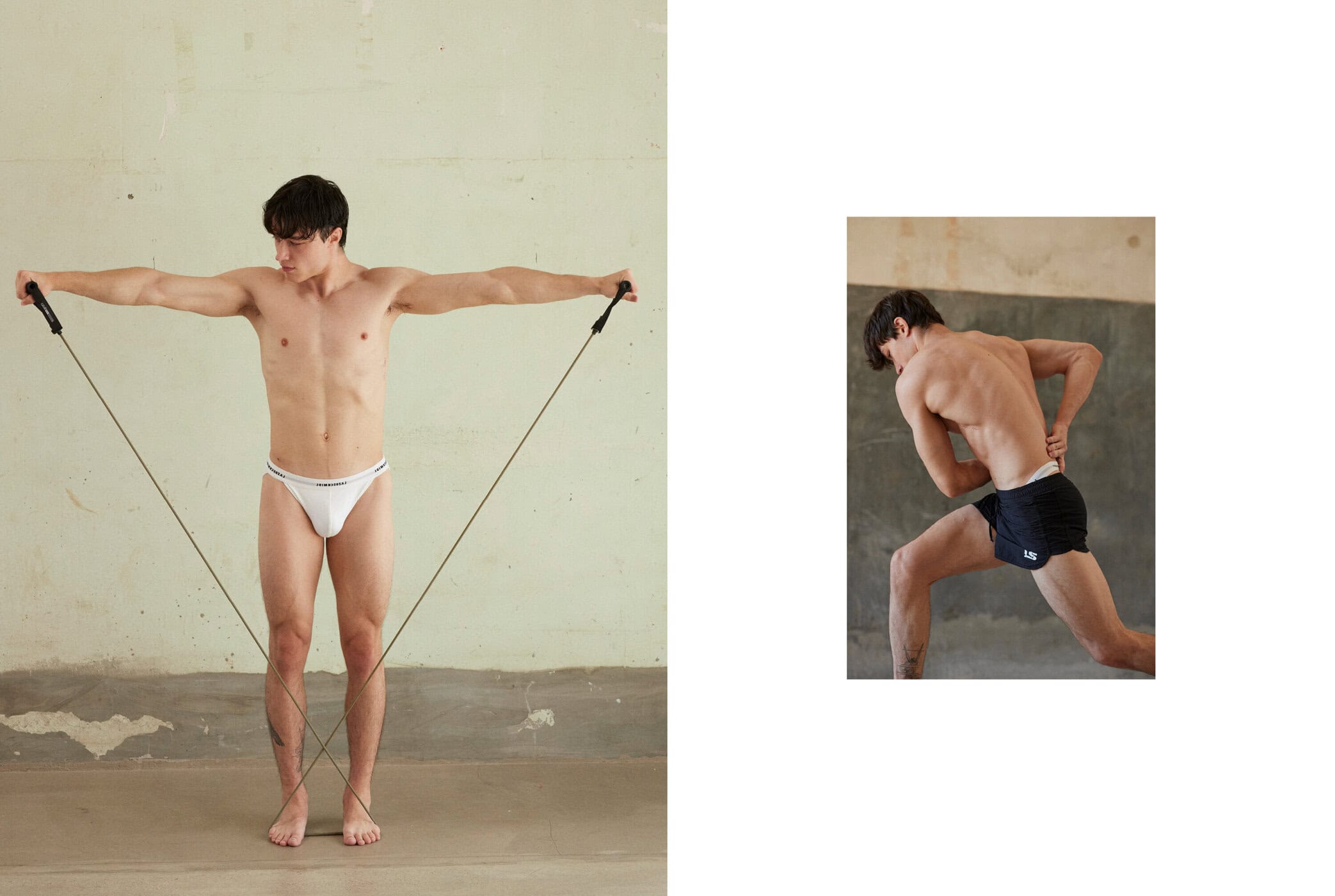 Athletic man in underwear exercises with resistance band indoors; second image shows him flexing back muscles in black shorts.