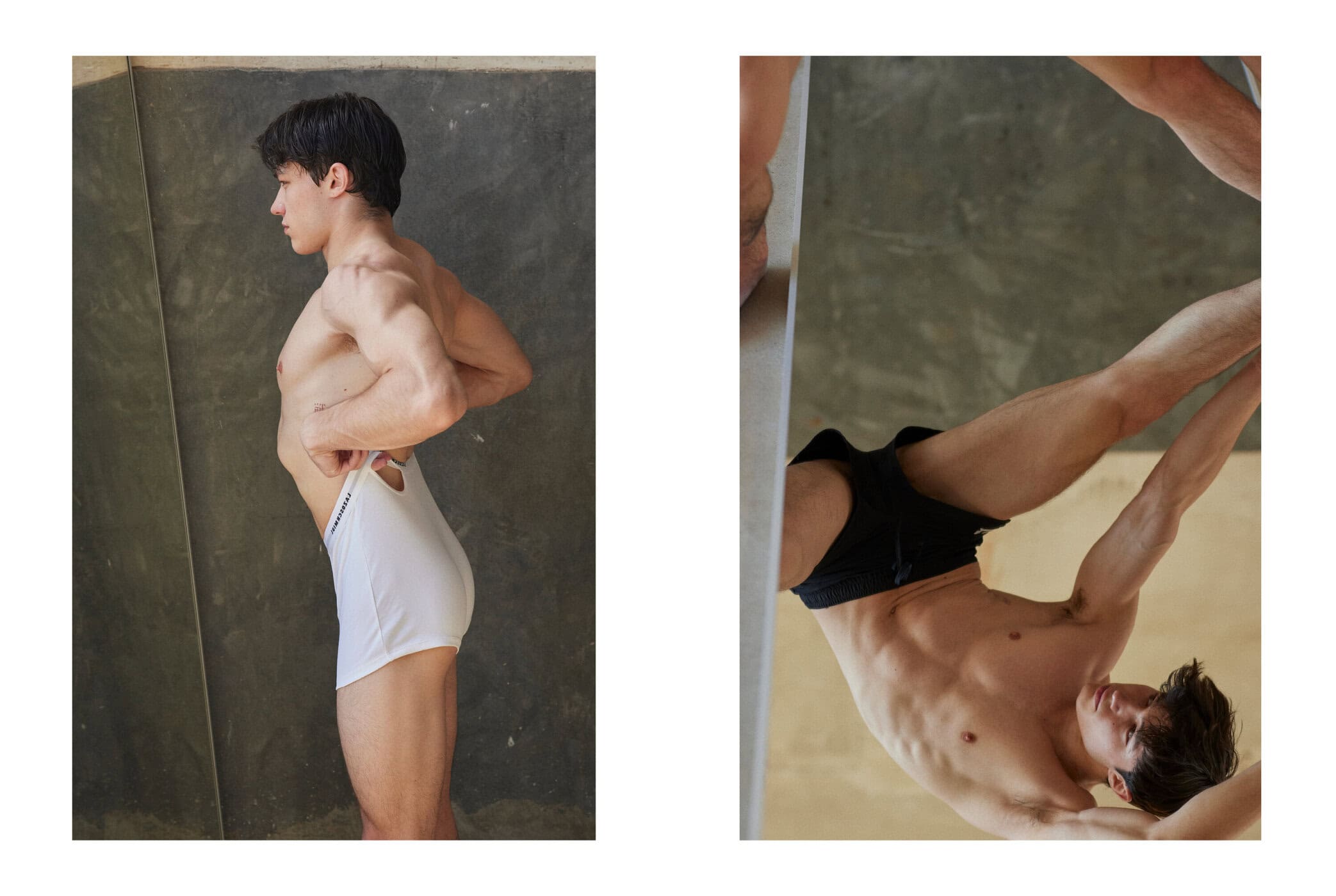 Two frames show a slim, muscular adult male indoors. In one, he wears white underwear; in the other, black shorts. Both show torso.