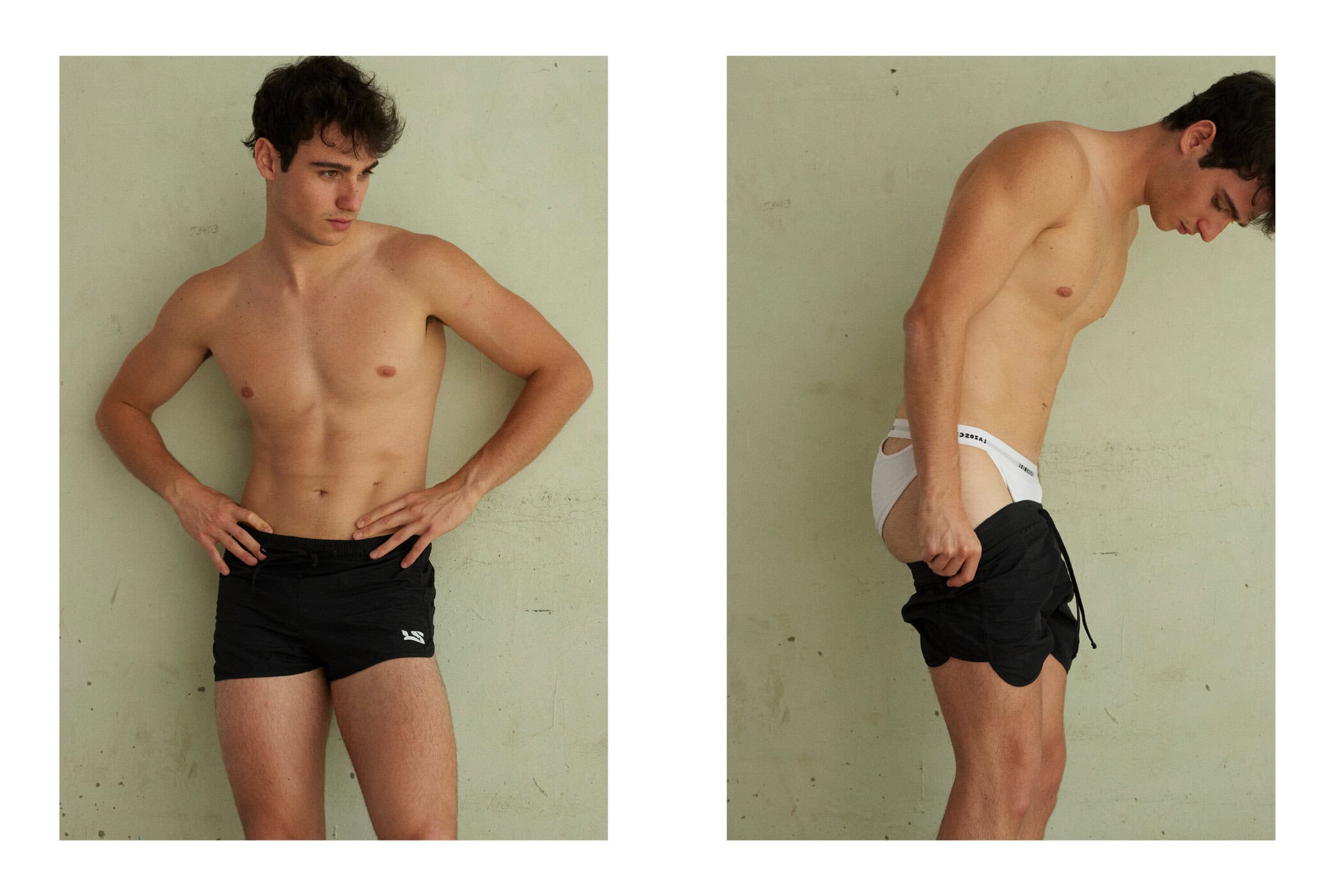 A shirtless young adult male stands in a photo studio wearing dark shorts, shown in two side-by-side images with a light background.