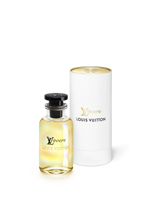 A Louis Vuitton fragrance bottle with its white and gold packaging on a solid white background, conveying luxury and elegance.