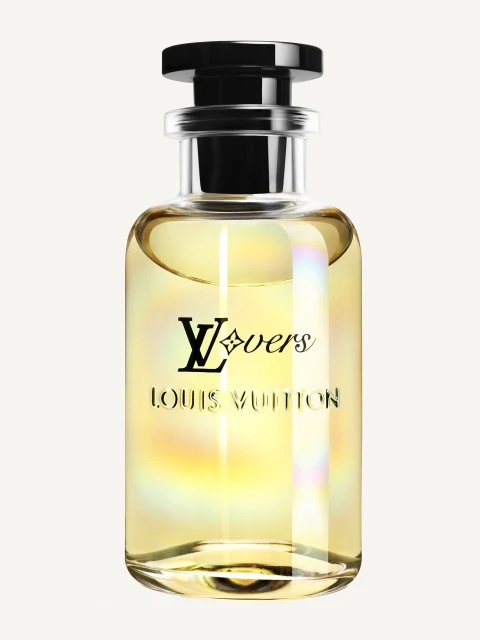 Louis Vuitton Lovers perfume bottle on a clean white background, showcasing its elegant design and the subtle coloration of the liquid.