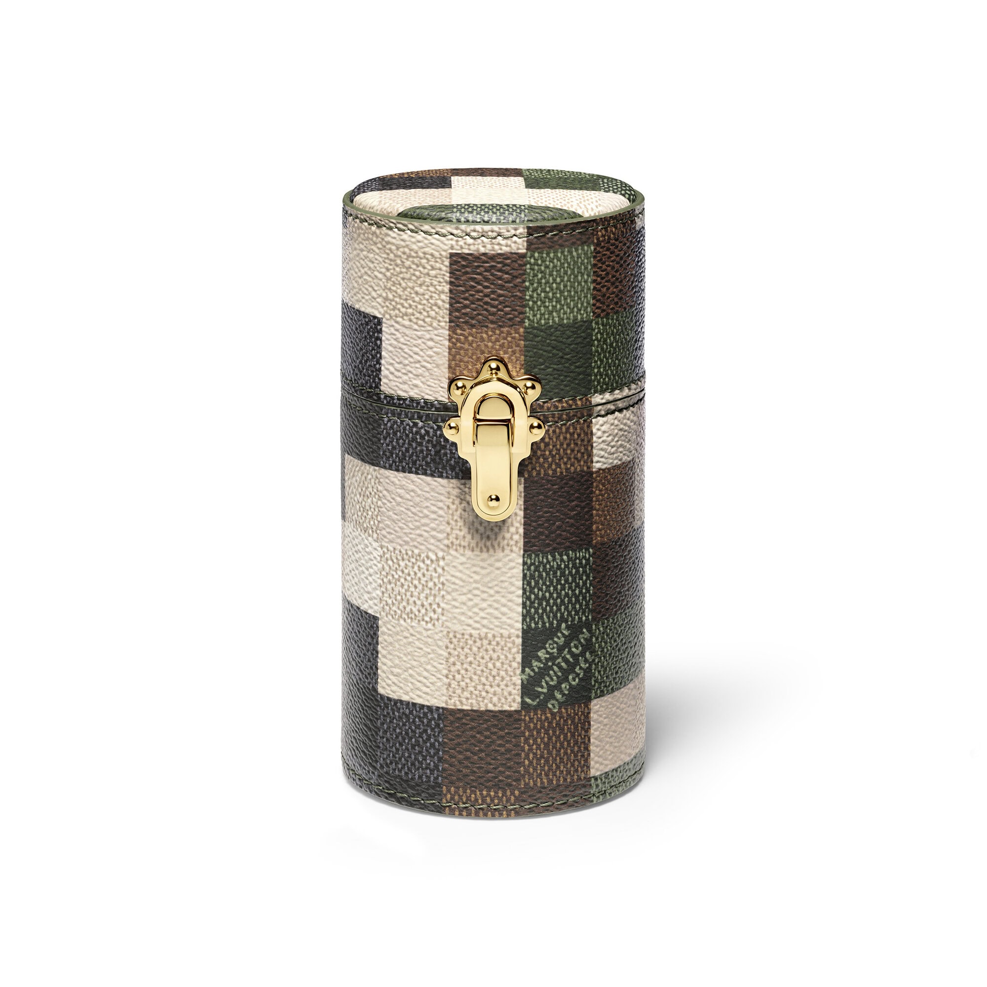 Cylindrical Louis Vuitton box with Damier-patterned leather, featuring a gold clasp, photographed against a solid white backdrop in a studio setting.