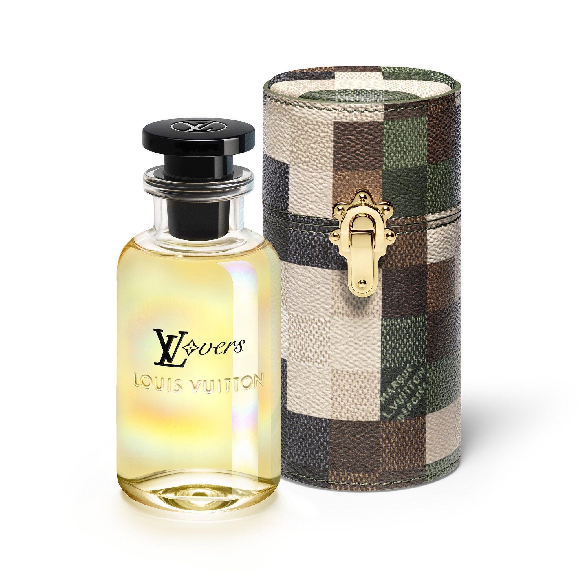 Louis Vuitton perfume bottle with its cylindrical packaging featuring a checkered pattern in muted tones of brown, green, and beige.