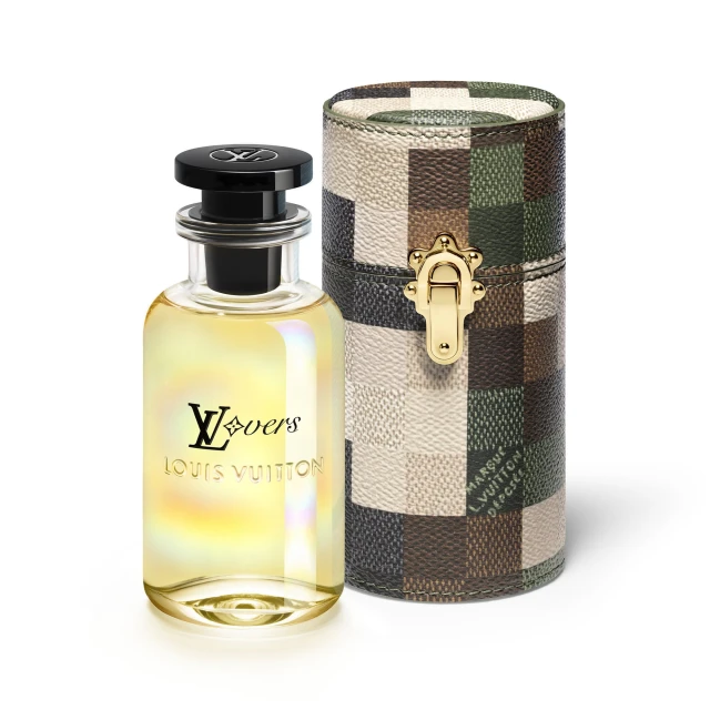 Louis Vuitton perfume bottle with its cylindrical packaging featuring a checkered pattern in muted tones of brown, green, and beige.