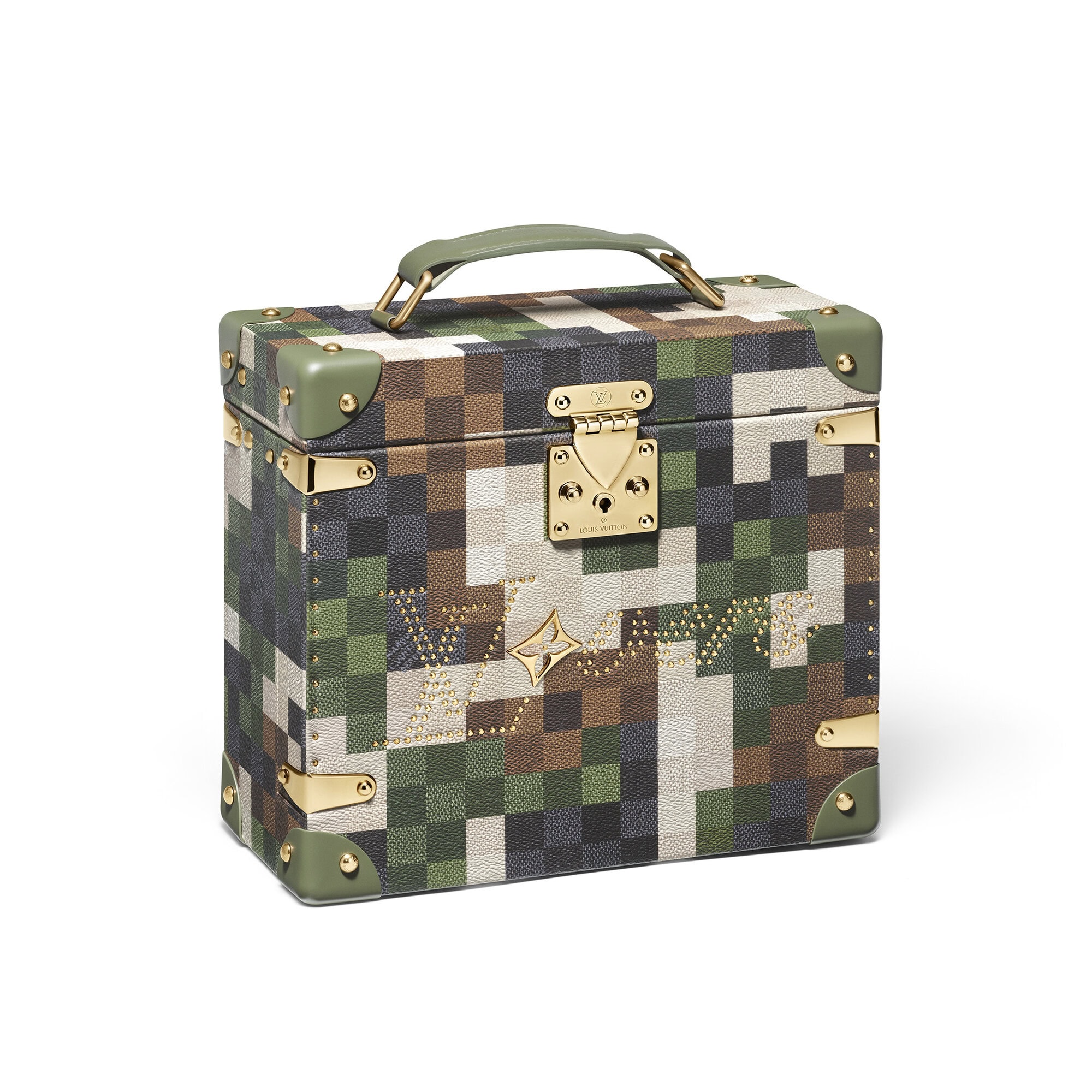 Louis Vuitton box trunk featuring a pixelated camouflage pattern with gold hardware, and a handle on a white background.
