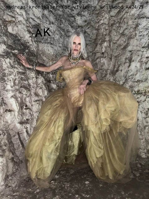 Fashion image featuring a pale-skinned woman in a gold tulle gown posing inside a stone structure, showcasing high fashion in a unique setting.