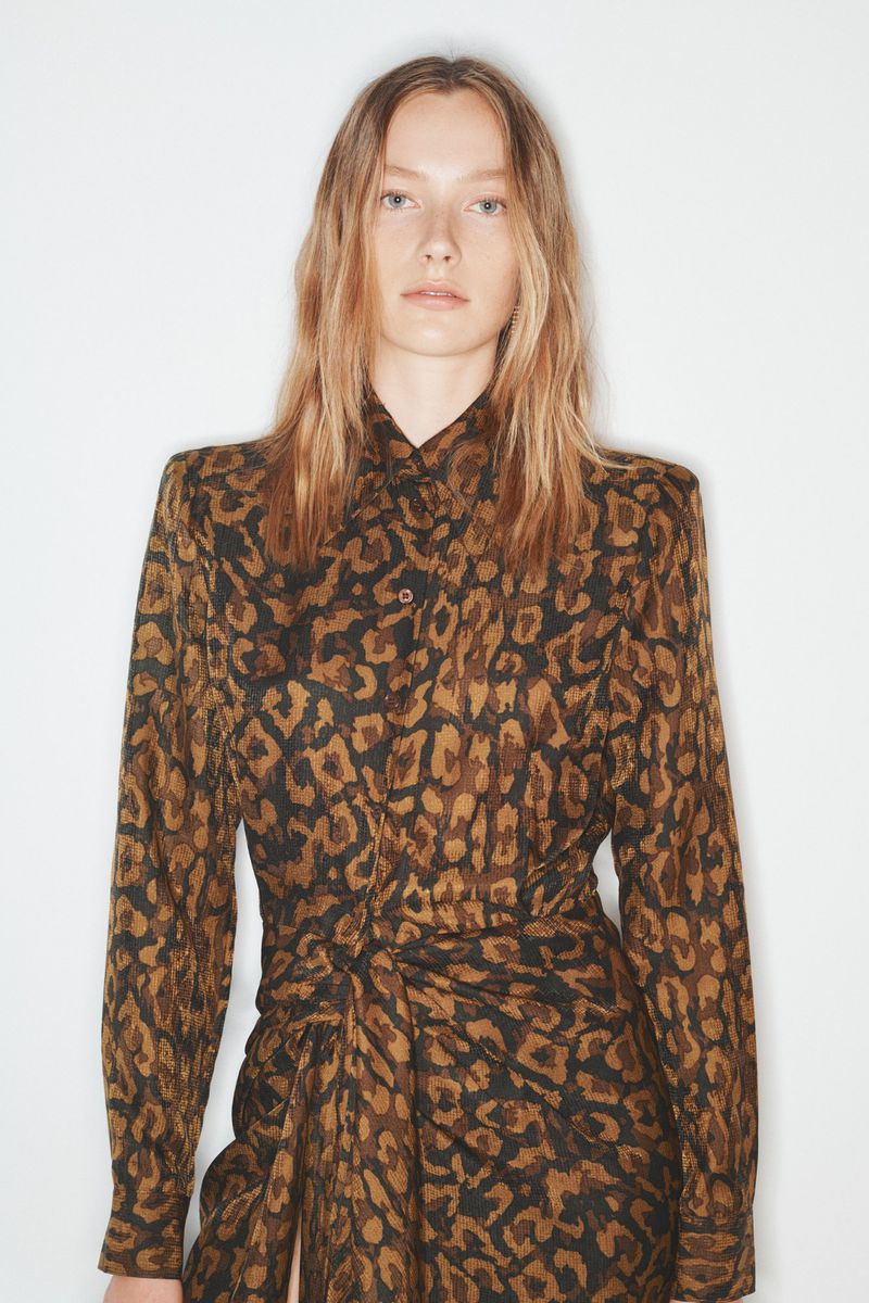 A woman in a long-sleeve animal print dress poses against a white background in a studio setting. The dress is brown and black.