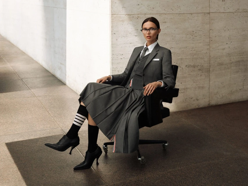 Elegant woman in a grey skirt suit sitting on a black chair in front of a marble wall. She wears black heels and striped socks.