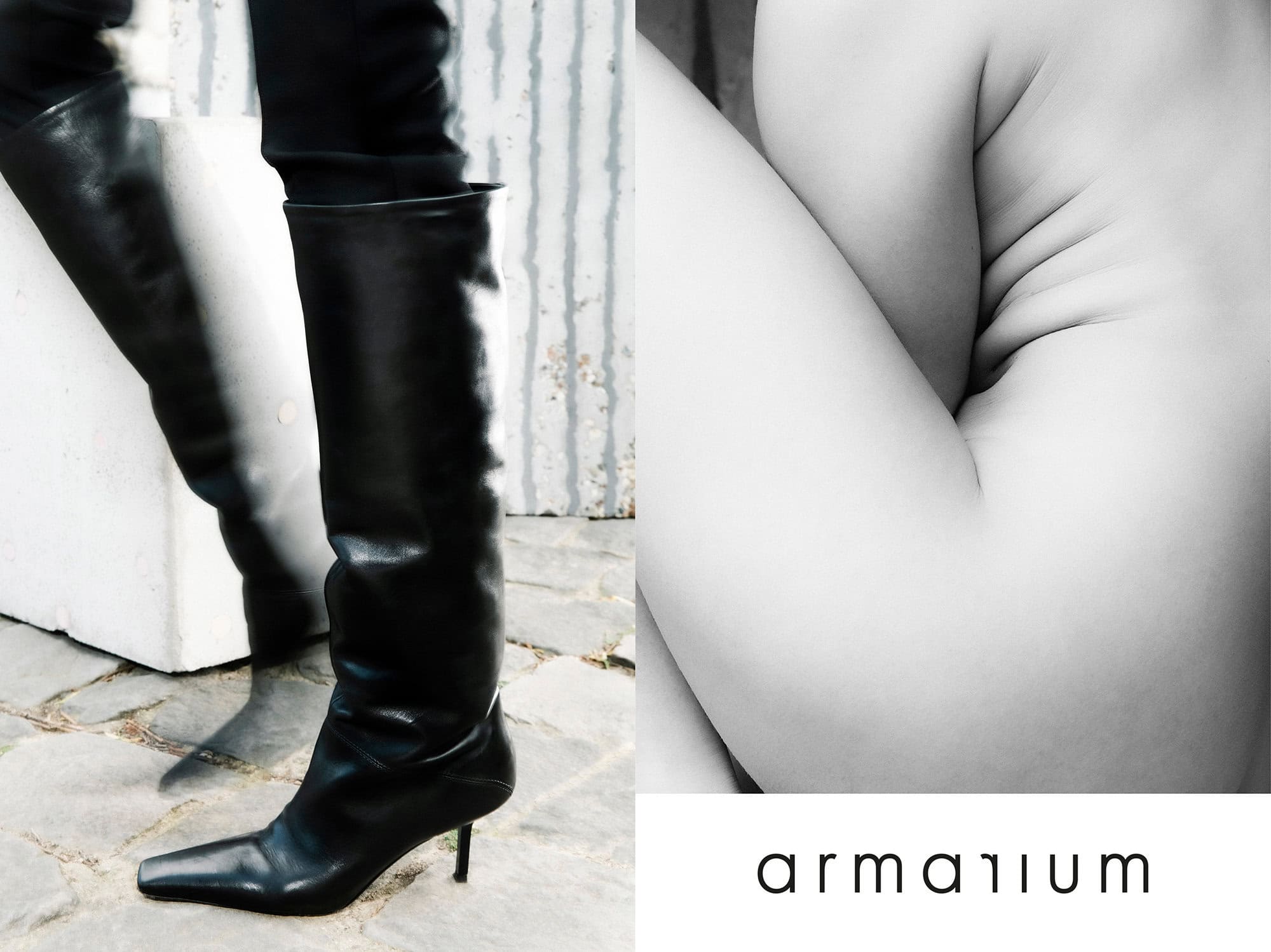 Black leather thigh-high heeled boots, legs, and abstract body art juxtaposed against a textured wall with designer brand logo.