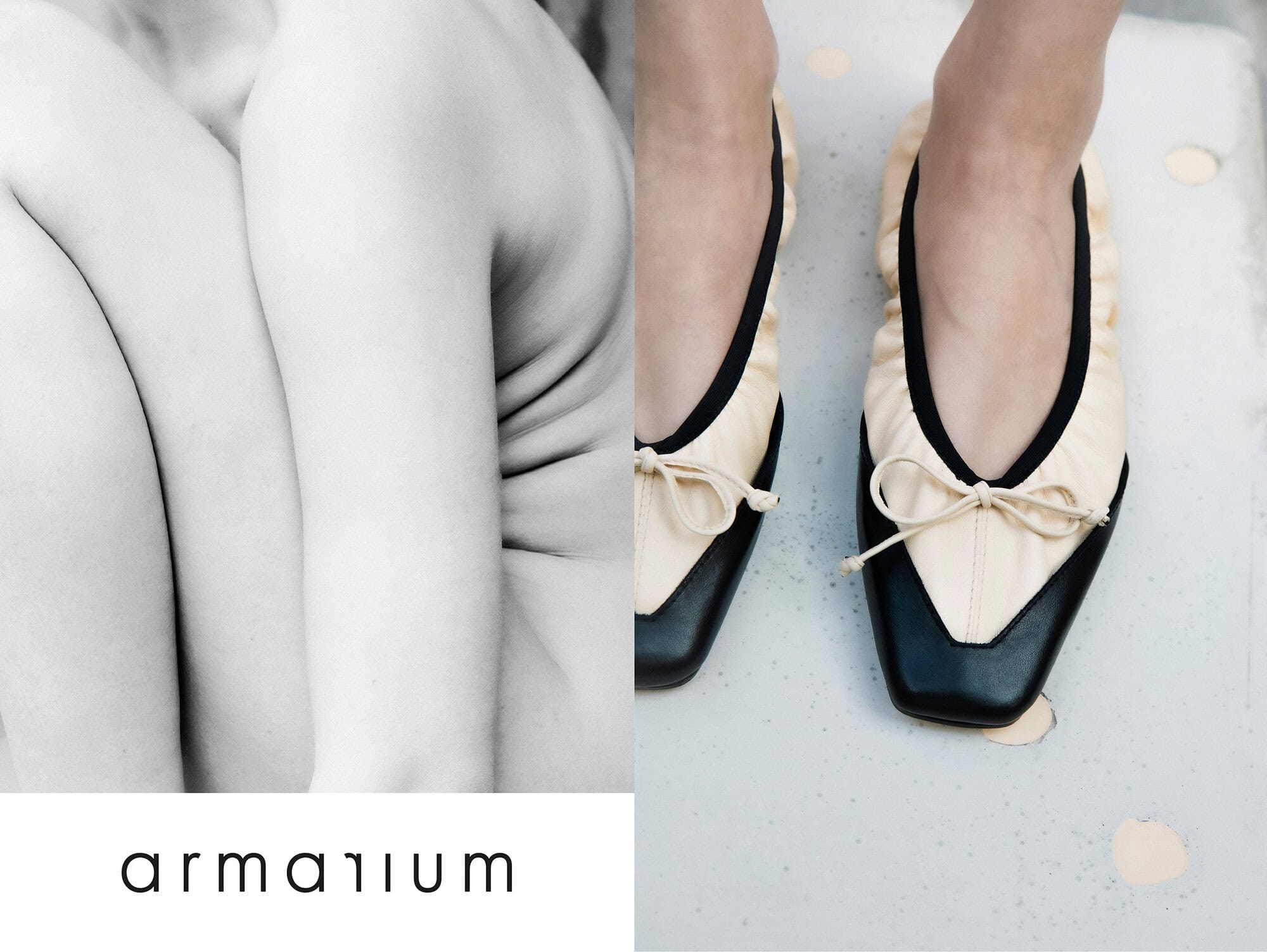 Close-up shot of a person's folded arms contrasted with black and cream ballet shoes with a tie on a light surface.