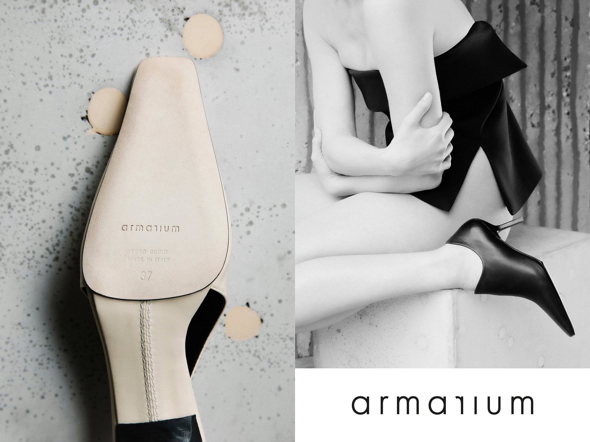 Woman wearing strapless top and black mules with a pointed toe next to close up of the shoe sole with the brand logo.
