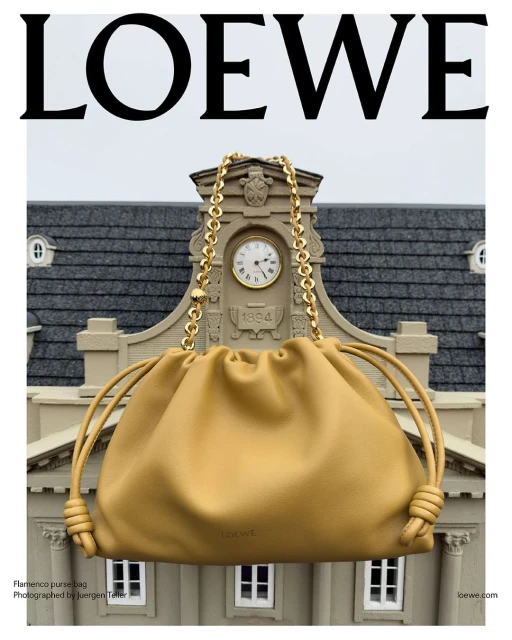 Loewe Flamenco purse bag with a golden chain strap, displayed in front of a miniature building with a clock and grey roof.