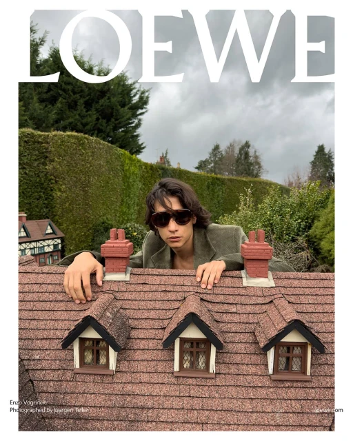 Man in sunglasses peers over the roof of a miniature house outdoors against a green hedge and cloudy sky, Loewe text at top.