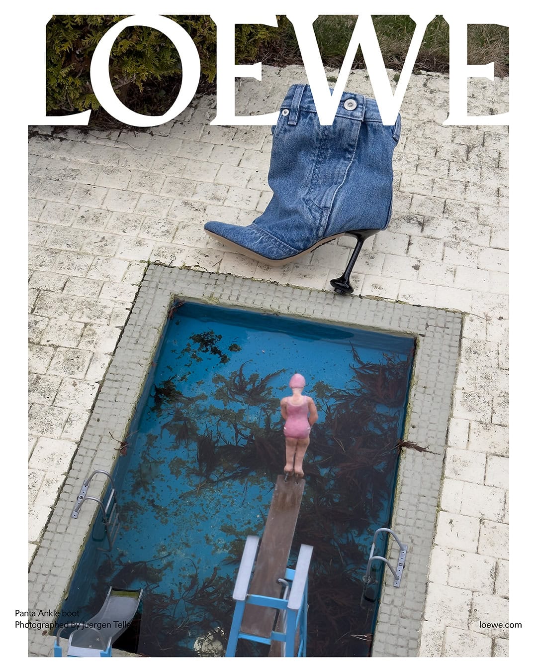 Fashion-forward denim stiletto, woman in pink swimsuit standing on a diving board overlooking a pool, and Loewe logo in a magazine cover.