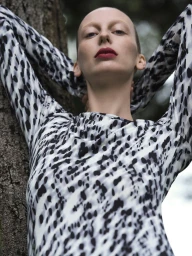 Model Lili Sumner wearing a black and white patterned top with hands behind her head against a tree trunk.
