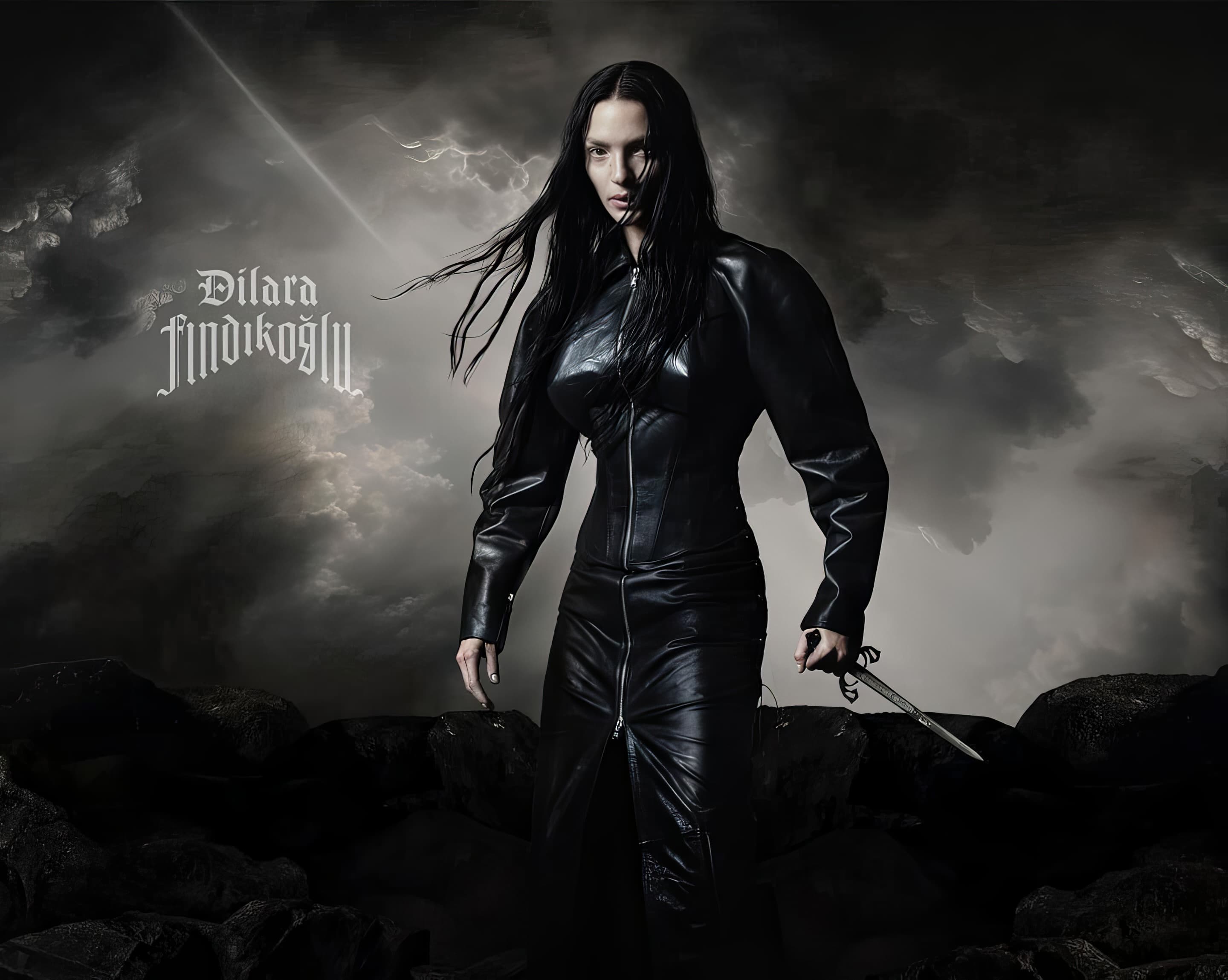A dramatic portrait features a woman in a black leather outfit holding a knife against a stormy, dark background with rocky ground.