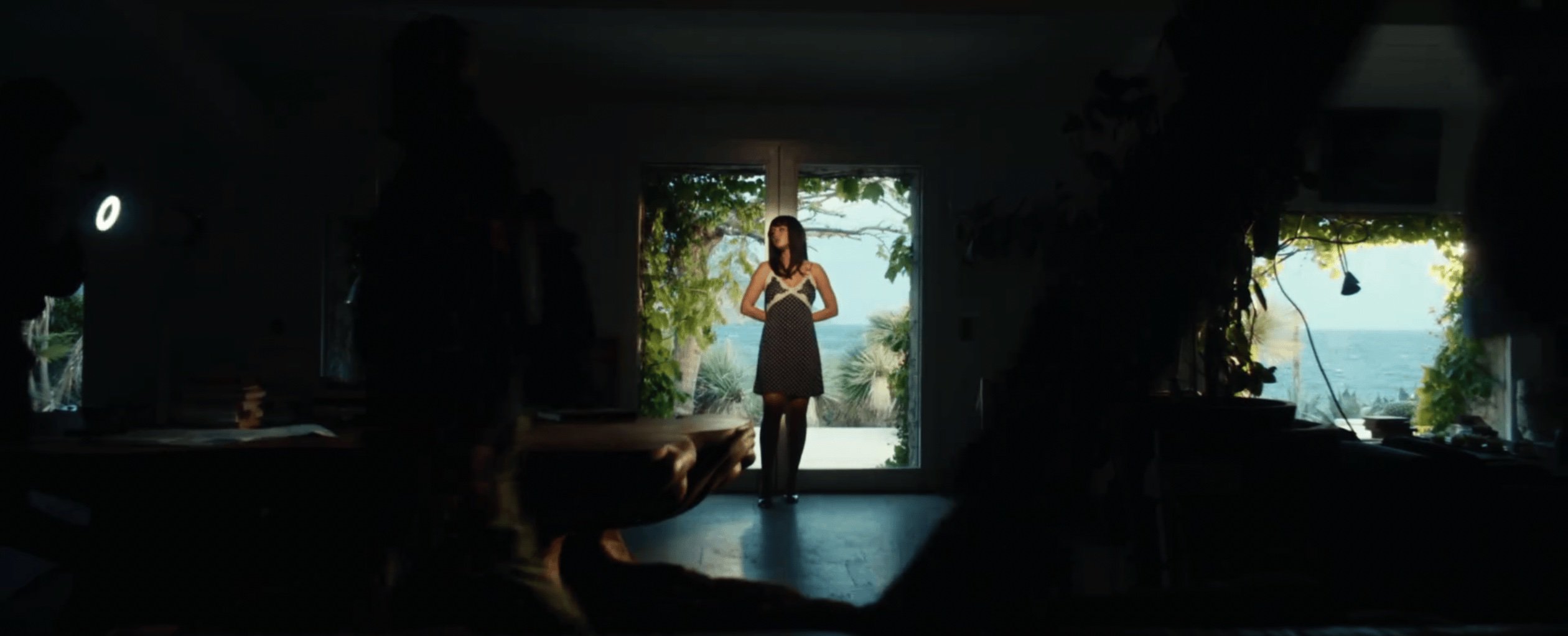 A woman stands in the doorway of a sunlit house with a view of the ocean; interior dark, silhouetted observers; elegant aesthetic.
