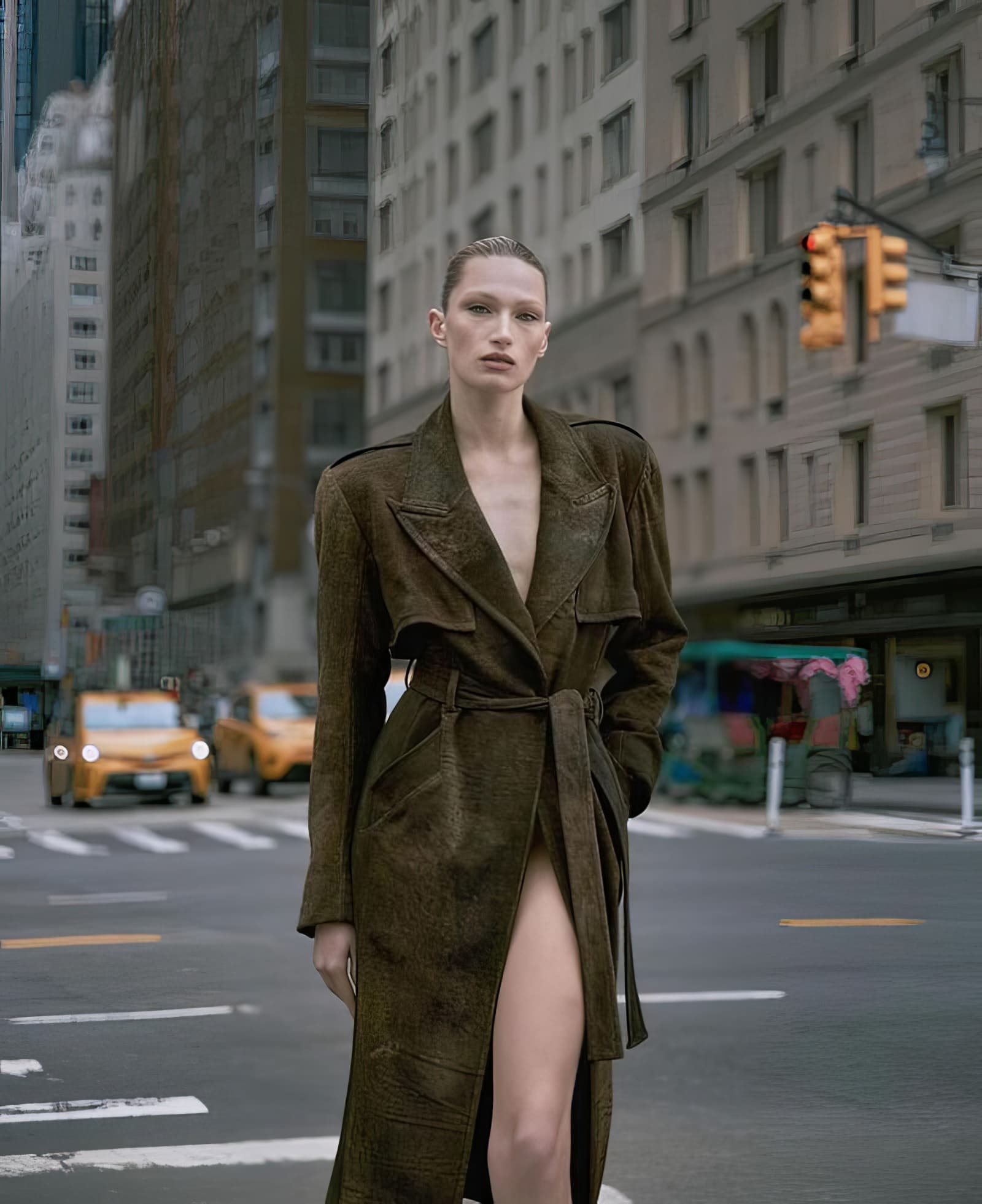 Fashion shot of a female model in a long belted coat, standing on a city street with yellow taxis and tall buildings in the background.