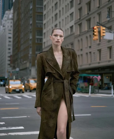 Fashion shot of a female model in a long belted coat, standing on a city street with yellow taxis and tall buildings in the background.