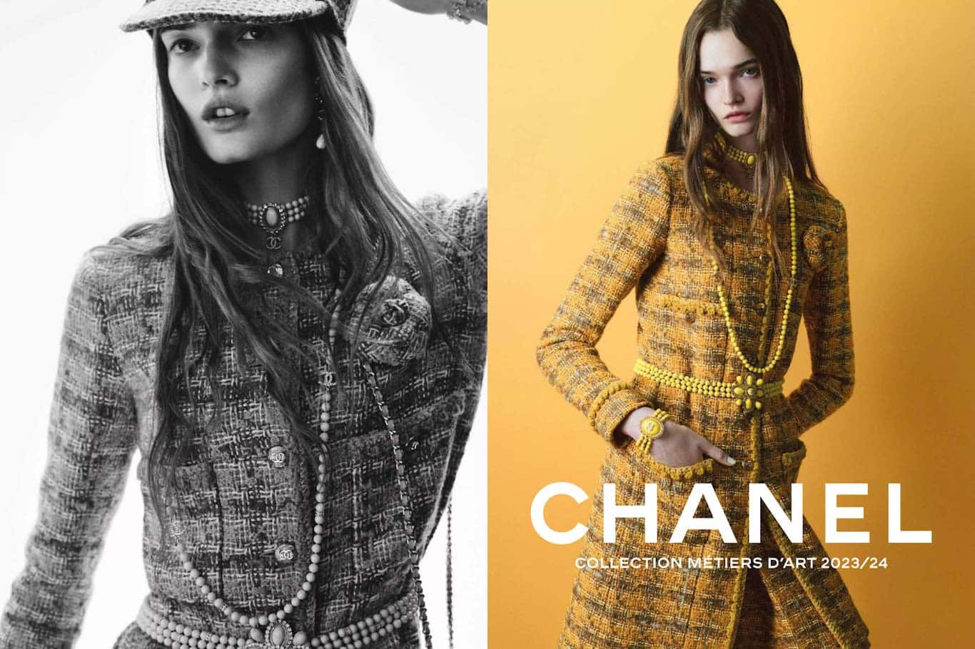 Two fashion models pose in a split image showcasing a grey tweed suit and a mustard yellow tweed suit with pearl jewelry.