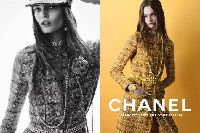 Two fashion models pose in a split image showcasing a grey tweed suit and a mustard yellow tweed suit with pearl jewelry.