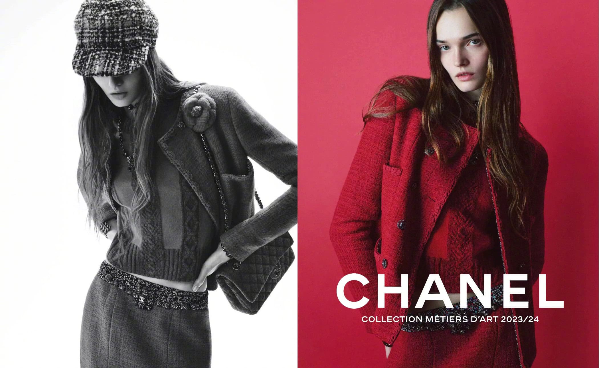 Fashion editorial featuring two models wearing Chanel 2023/24 collection in a studio split in black and white and vibrant red.