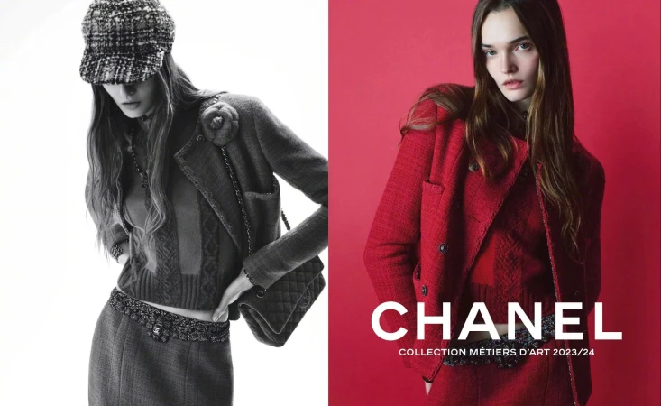 Fashion editorial featuring two models wearing Chanel 2023/24 collection in a studio split in black and white and vibrant red.