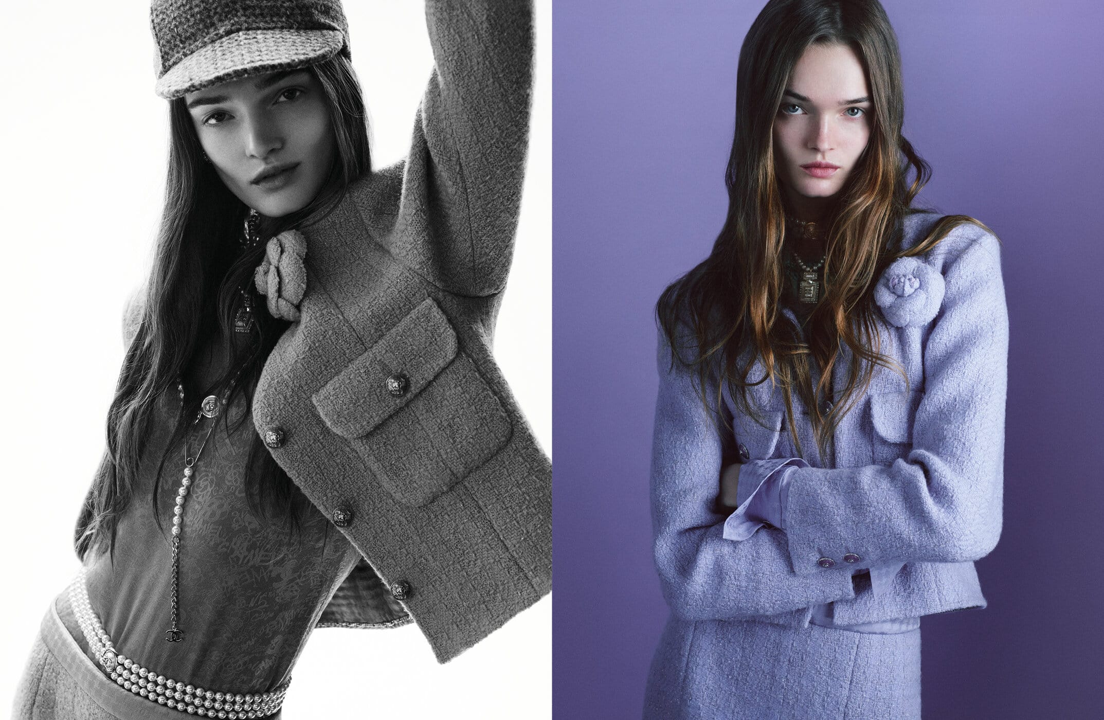 Dual image fashion shot featuring a young adult woman in a tweed jacket and hat against a white and purple background, studio lighting.