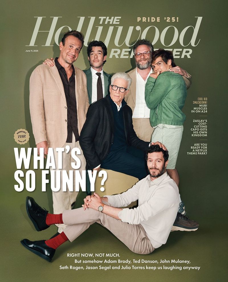 Magazine cover featuring six actors: Adam Brody, Ted Danson, John Mulaney, Seth Rogen, Jason Segel, and Julio Torres in a studio setting.