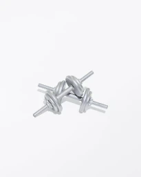 Two silver dumbbells resting on a clean white seamless studio backdrop